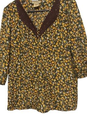 Art and Soul Top L Brown Yellow Floral Hippie Boho Peasant Shirt Blouse Large
